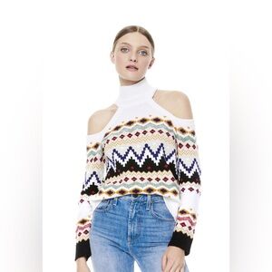 ALICE + OLIVIA LEORA FAIRISLE TURTLENECK COLD SHOULDER SWEATER
